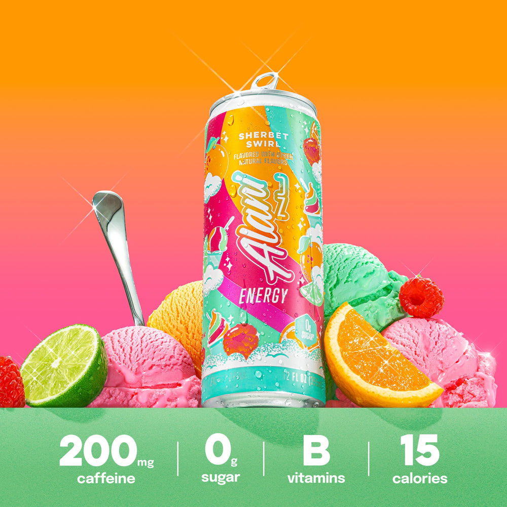 Lata Alani Nu Sherbet Swirl en mano para mostrar tamaño y porción