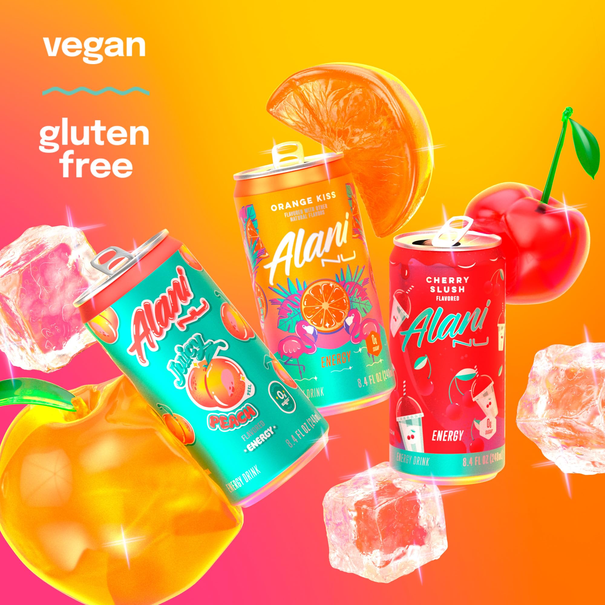 alineación de Cherry Slush Juicy Peach Orange Kiss de Alani Nu