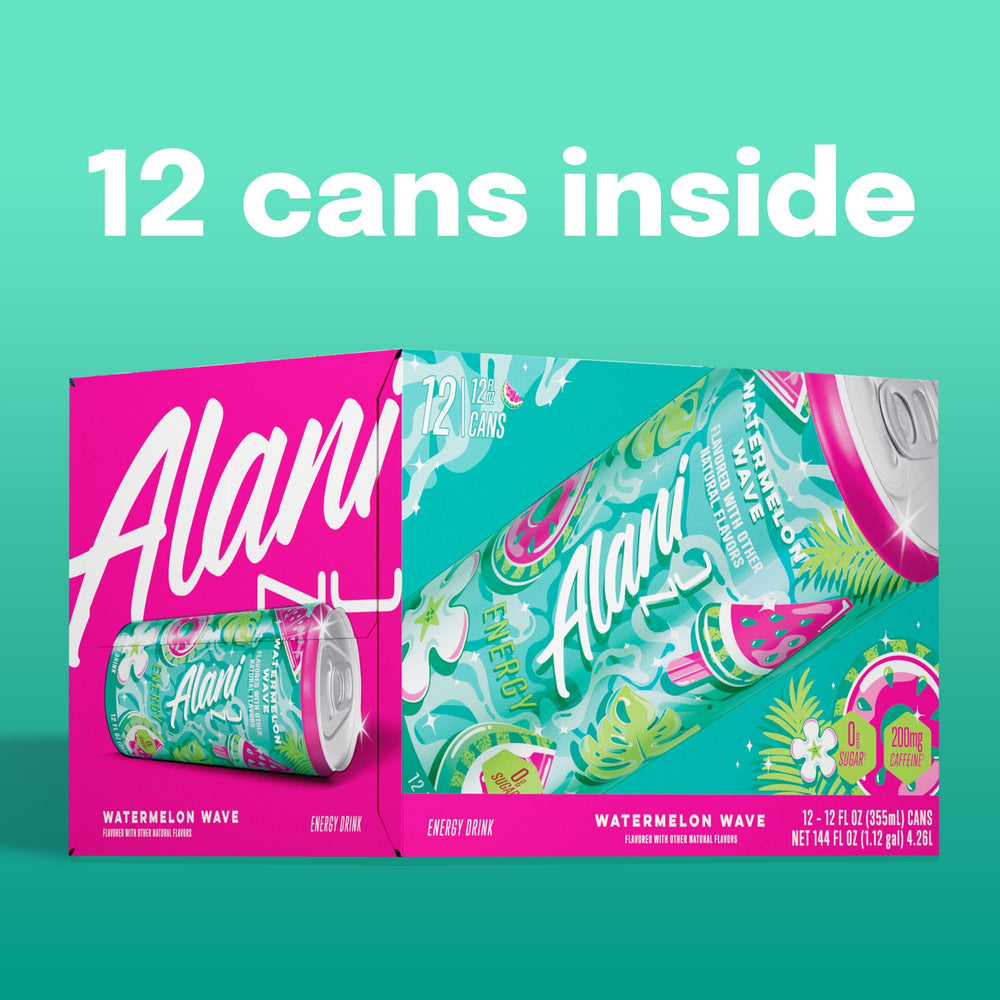 Alani Nu etiqueta nutricional destacando 200 mg cafeína y cero azúcar