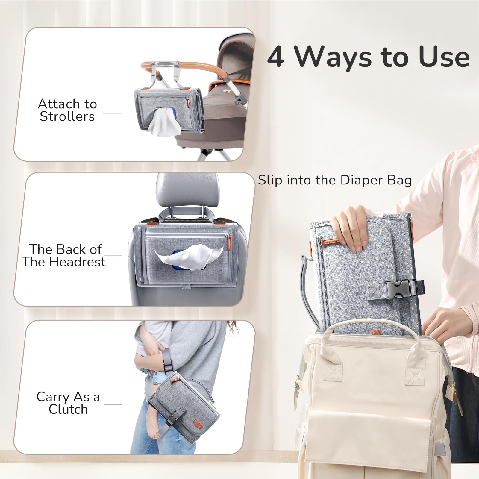 Alatino in stroller demonstrating portable use and hands-free attachment