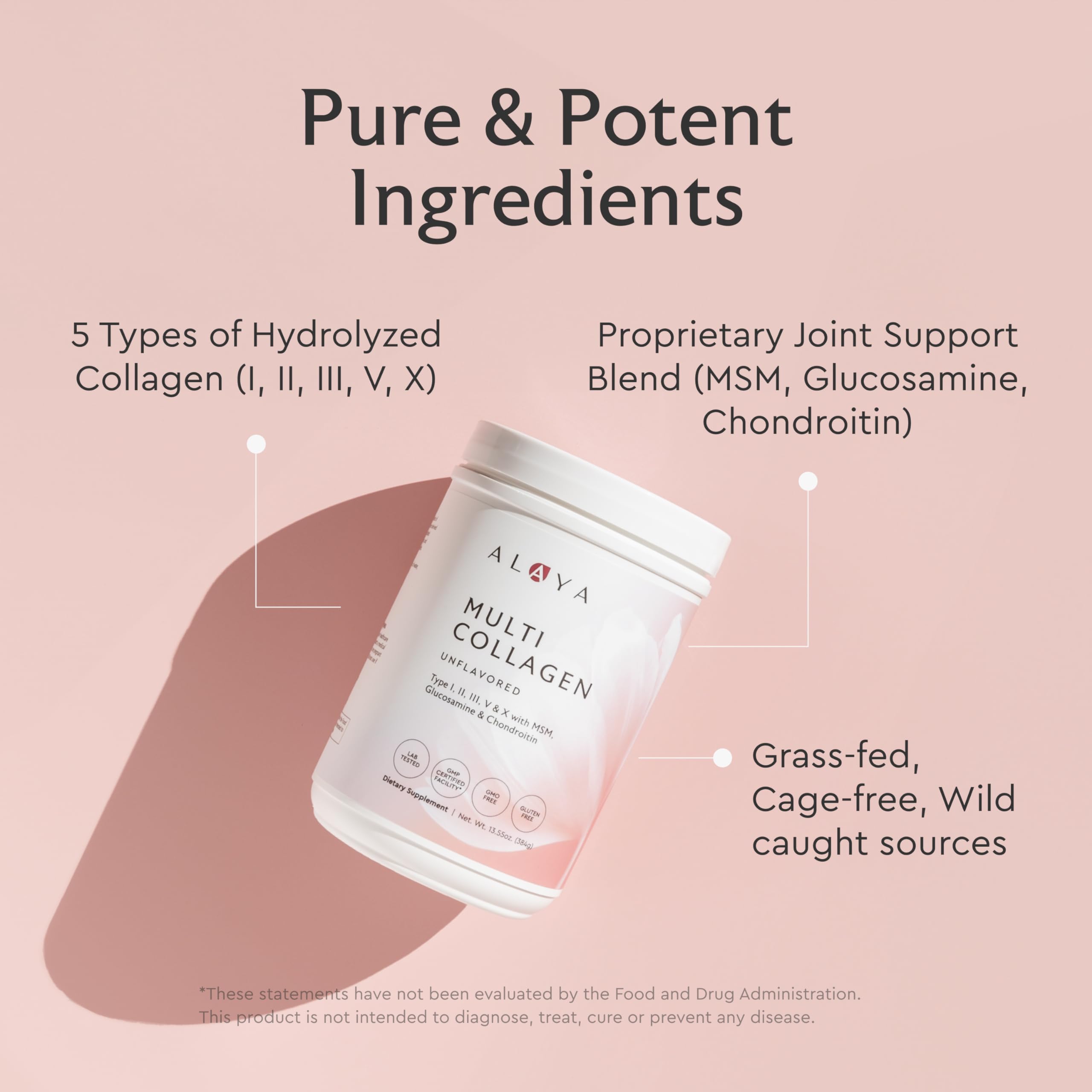 Alaya Naturals detalle de la etiqueta con certificación NSF y lista de ingredientes