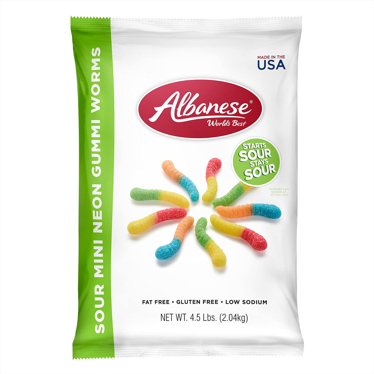 Albanese frente del empaque mostrando 4.5 lb y colores neón, ideal para eventos