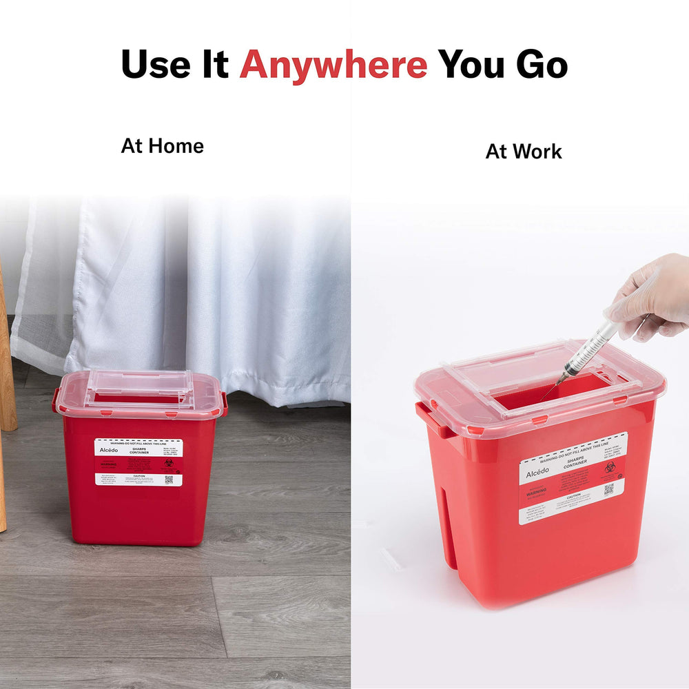 Alcedo sharps container placed on clinic counter demonstrating professional use
