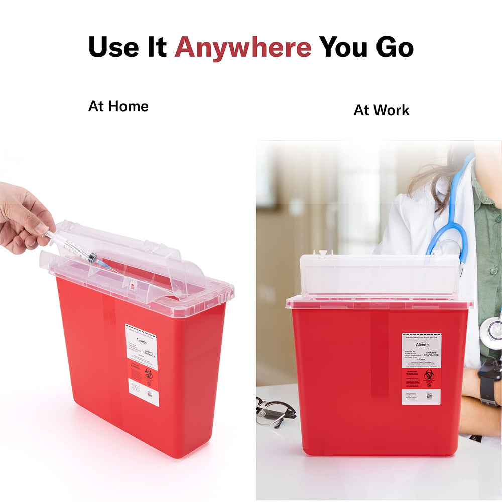 Alcedo sharps container in home bathroom showing convenient household placement