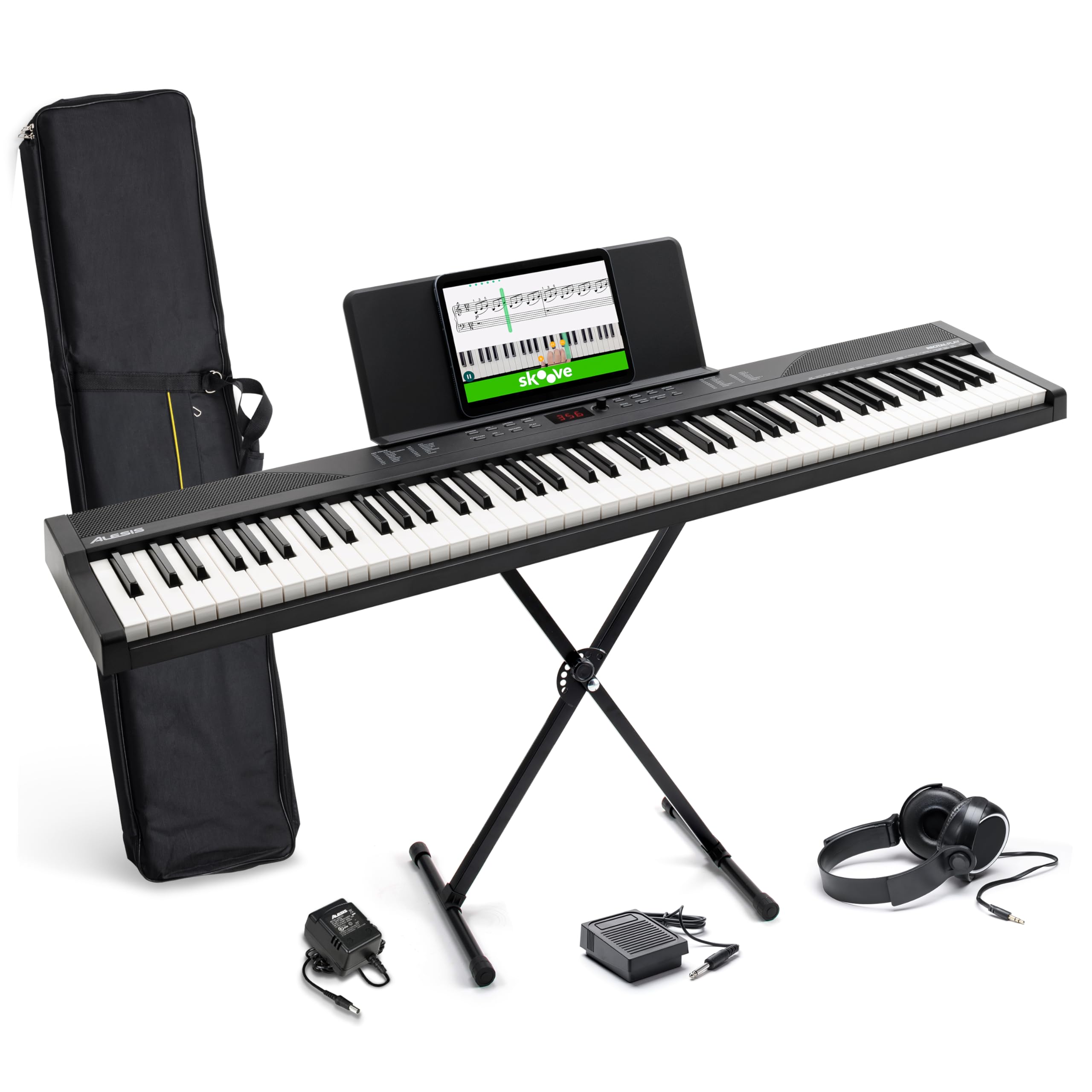 Alesis Recital Play frente completo mostrando teclado y altavoces para práctica realista