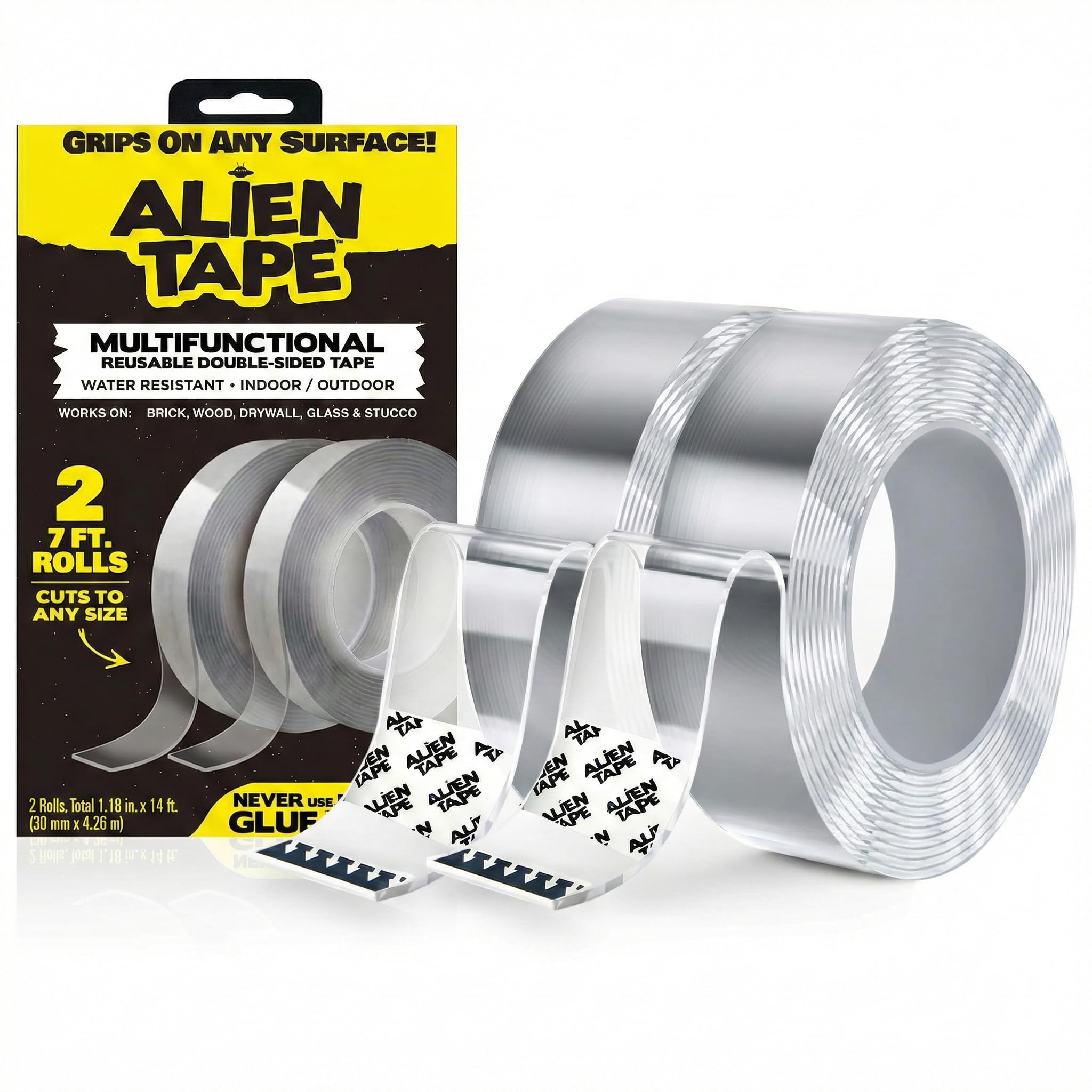 ALIEN TAPE embalaje frontal mostrando dos rollos y beneficios visibles