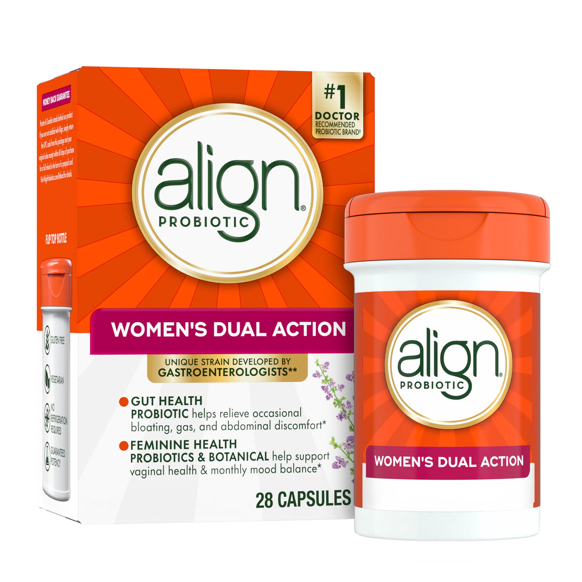 Align envase frontal de Women’s Dual Action mostrando beneficio combinado