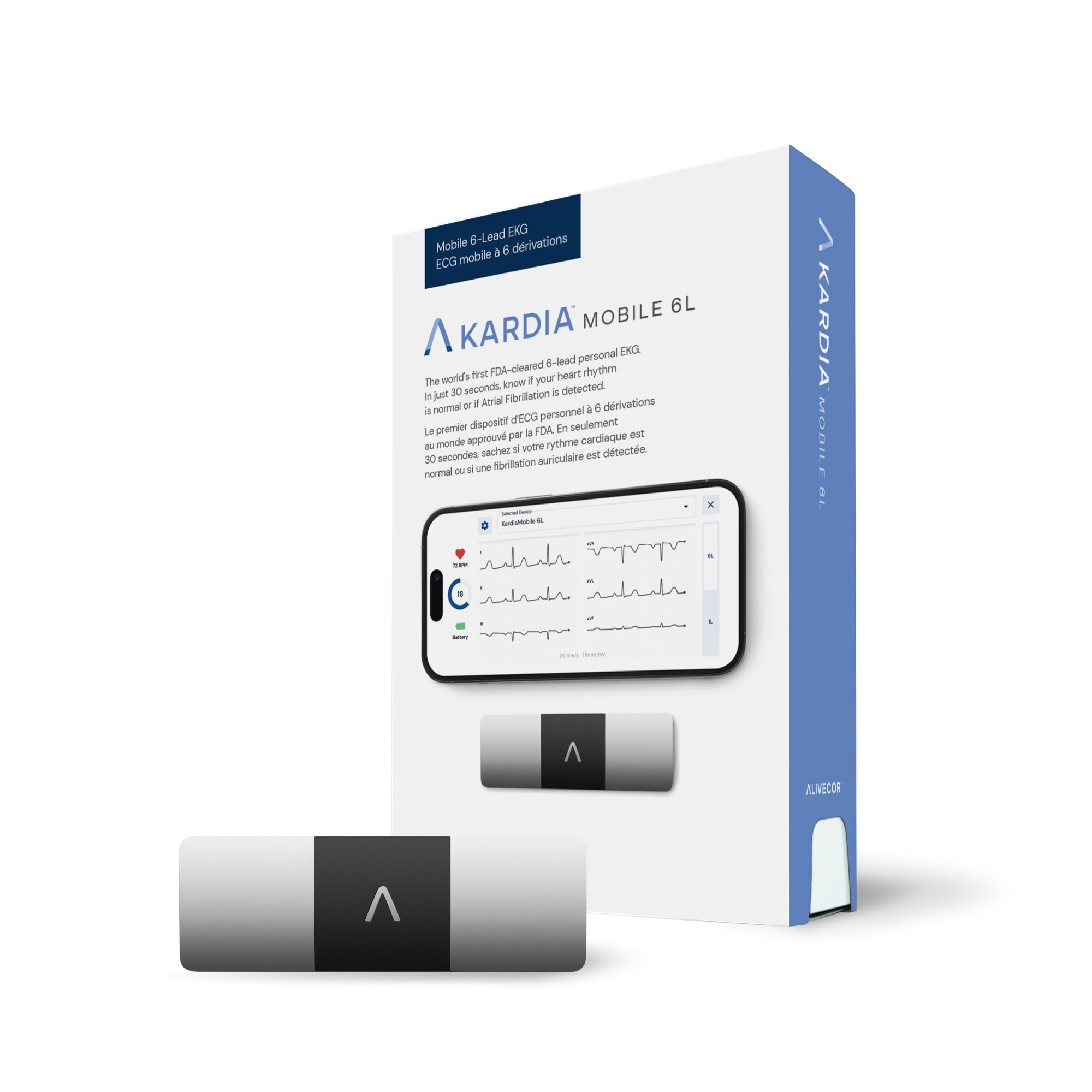 AliveCor KardiaMobile 6L Max vista frontal con diseño compacto y fácil agarre