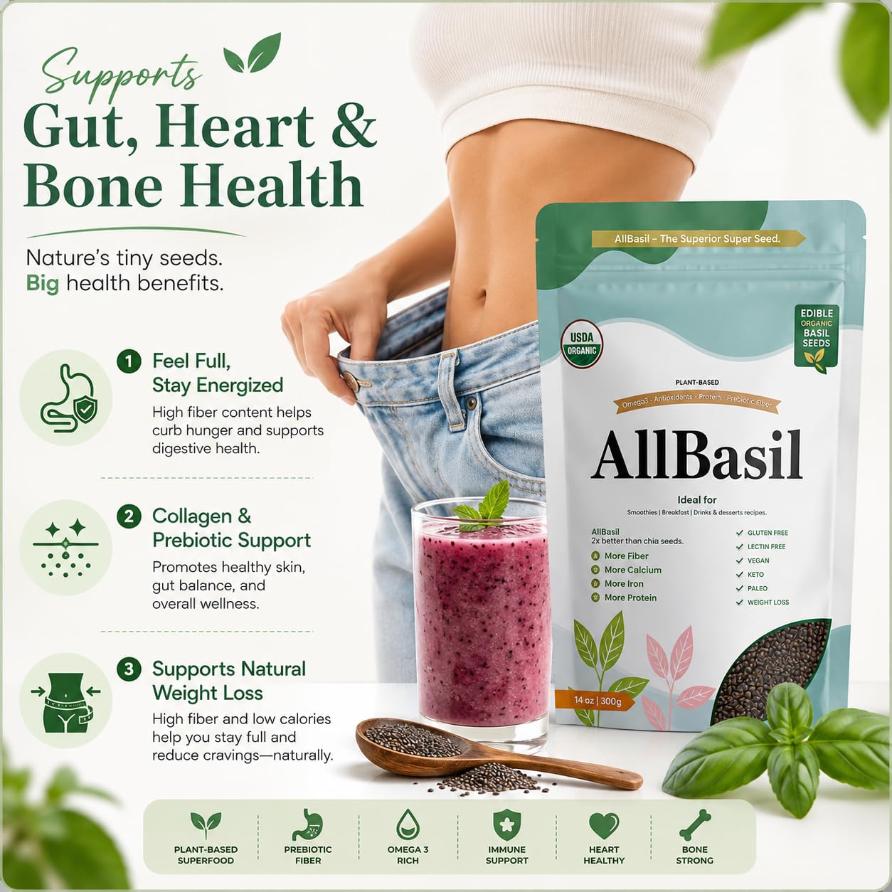 All Basil etiqueta con certificaciones orgánicas y no GMO visibles