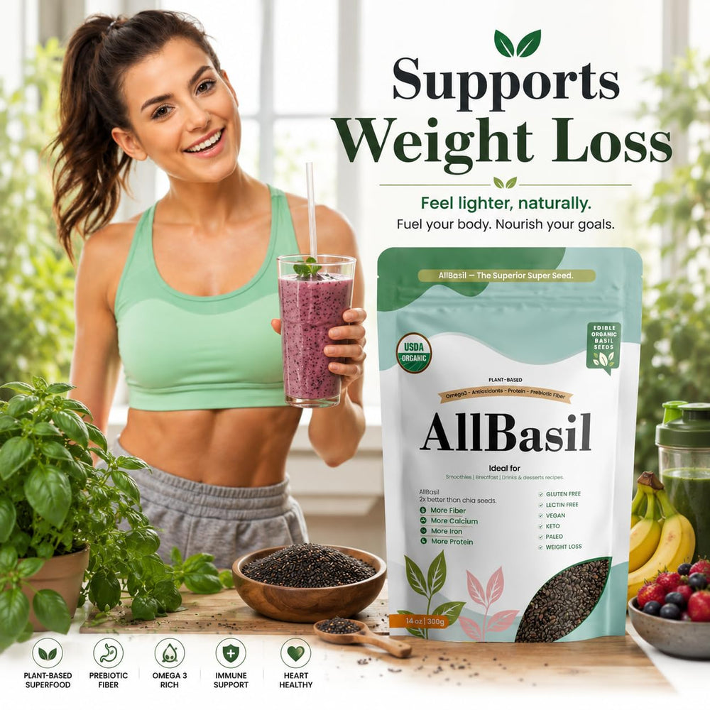 All Basil cucharada y paquete para comparar tamaño de la porción