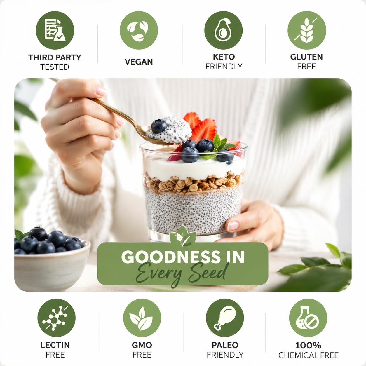 All Basil postre servido con semillas, realza textura sin gluten