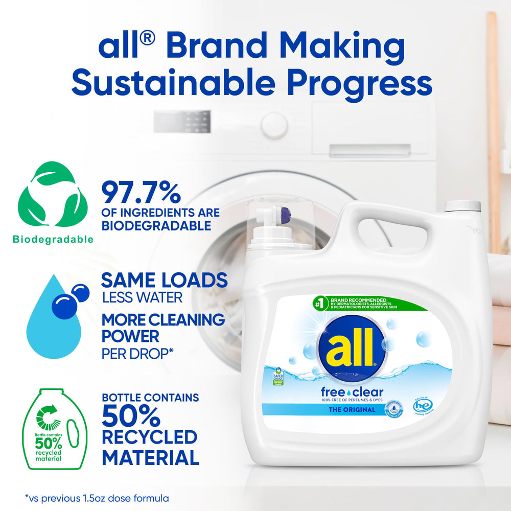 all Free Clear botella 118 oz junto a pila de ropa, ahorro por envase