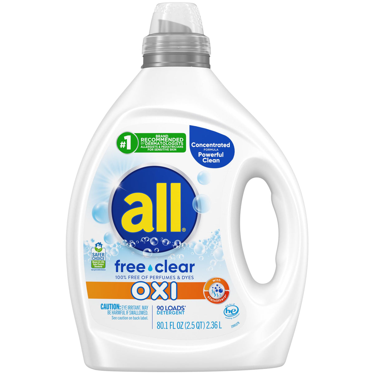 all free clear vista frontal de la botella beneficio limpieza eficaz sin fragancia