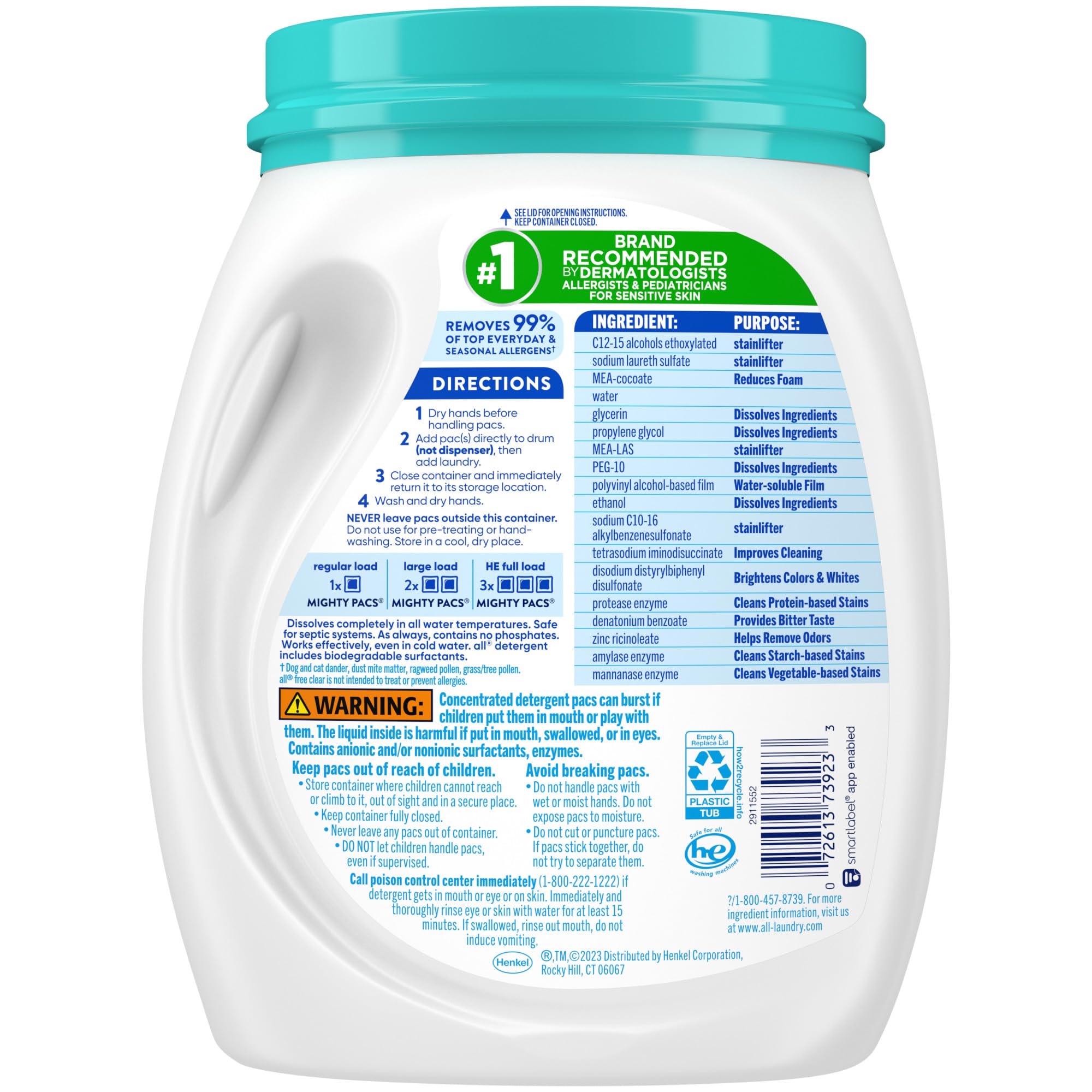 all free clear etiqueta del envase mostrando ingredientes y beneficio hipoalergénico