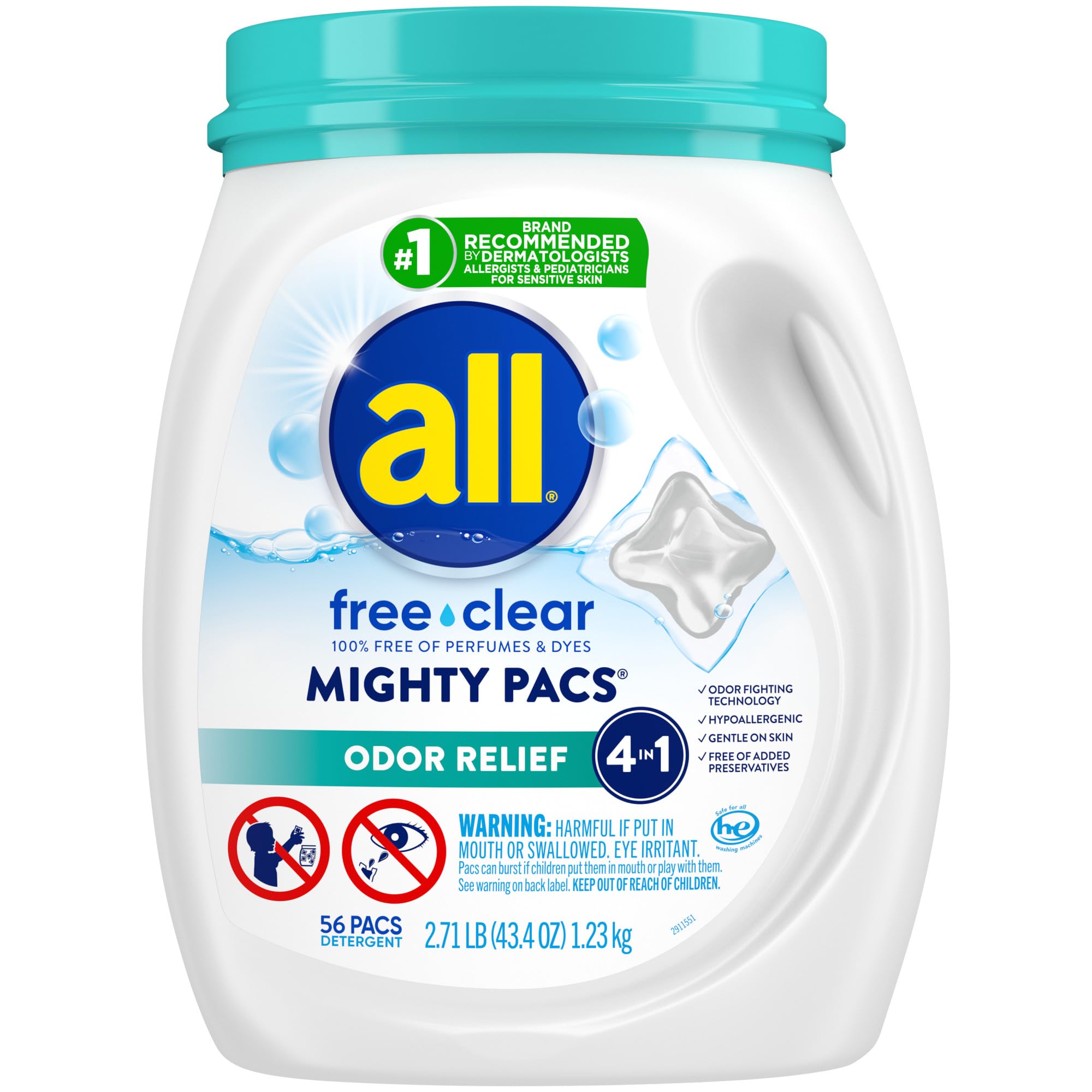 all free clear envase frontal mostrando 56 MIGHTY Pacs y beneficio práctico