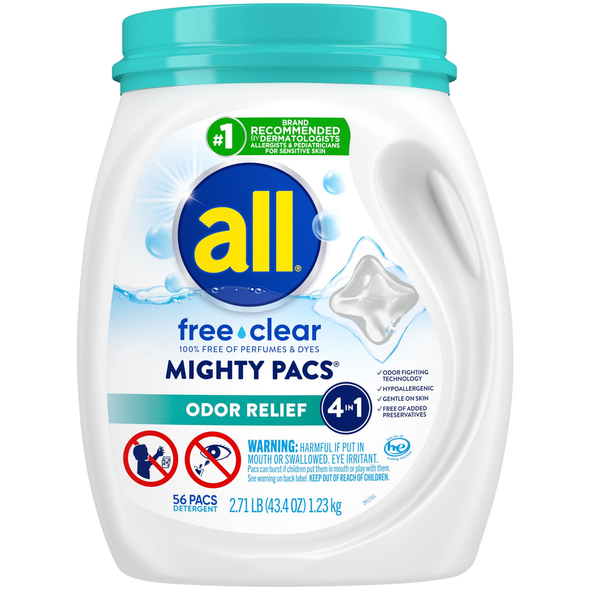 all free clear envase frontal mostrando 56 MIGHTY Pacs y beneficio práctico