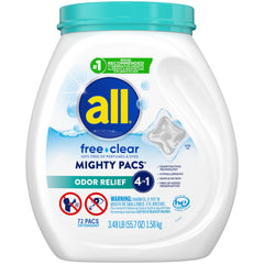 all Odor Relief vista frontal del envase mostrando 72 pacs, comodidad de almacenamiento