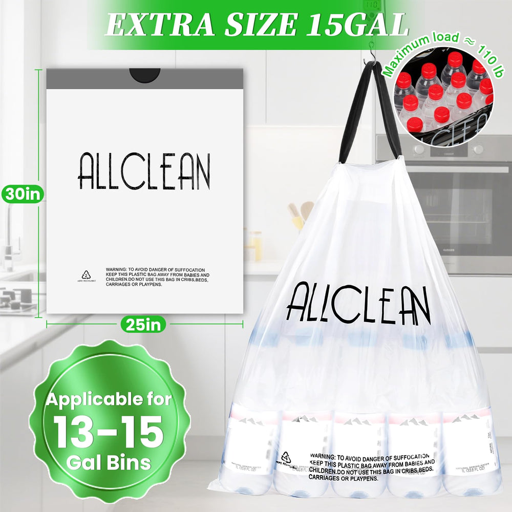 ALLCLEANbags comparación de tamaño frente a cubo de 13–15 galones