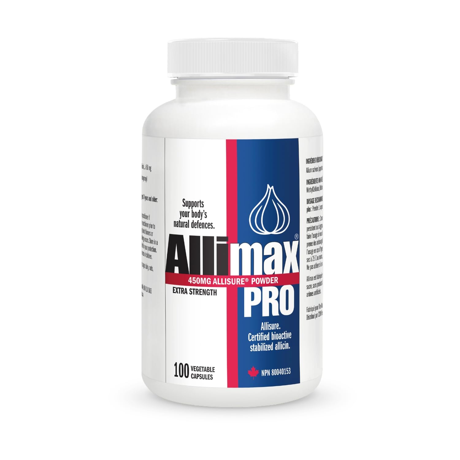 Allimax envase frontal mostrando 100 cápsulas y fuerza profesional