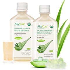 AloeCure botella frontal 500ml mostrando etiqueta orgánica y claridad