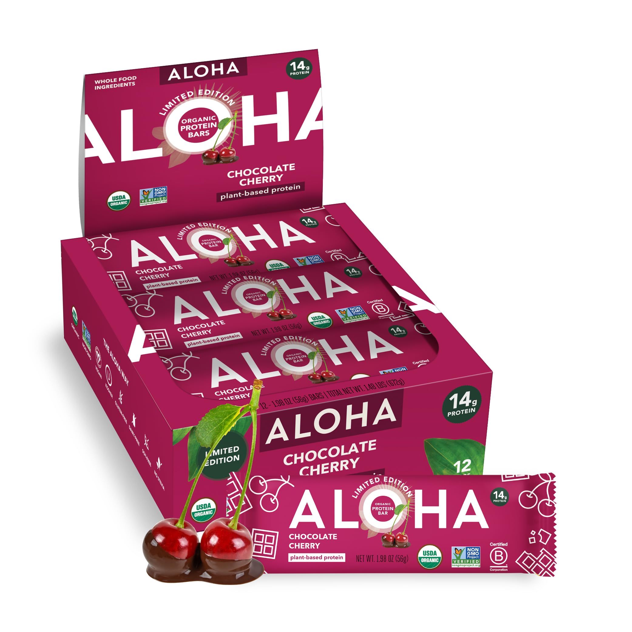 ALOHA caja frontal mostrando barras chocolate y cereza y conveniencia nutricional