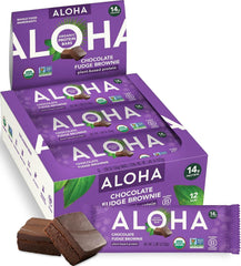 ALOHA empaque frontal Chocolate Fudge Brownie mostrando información clave