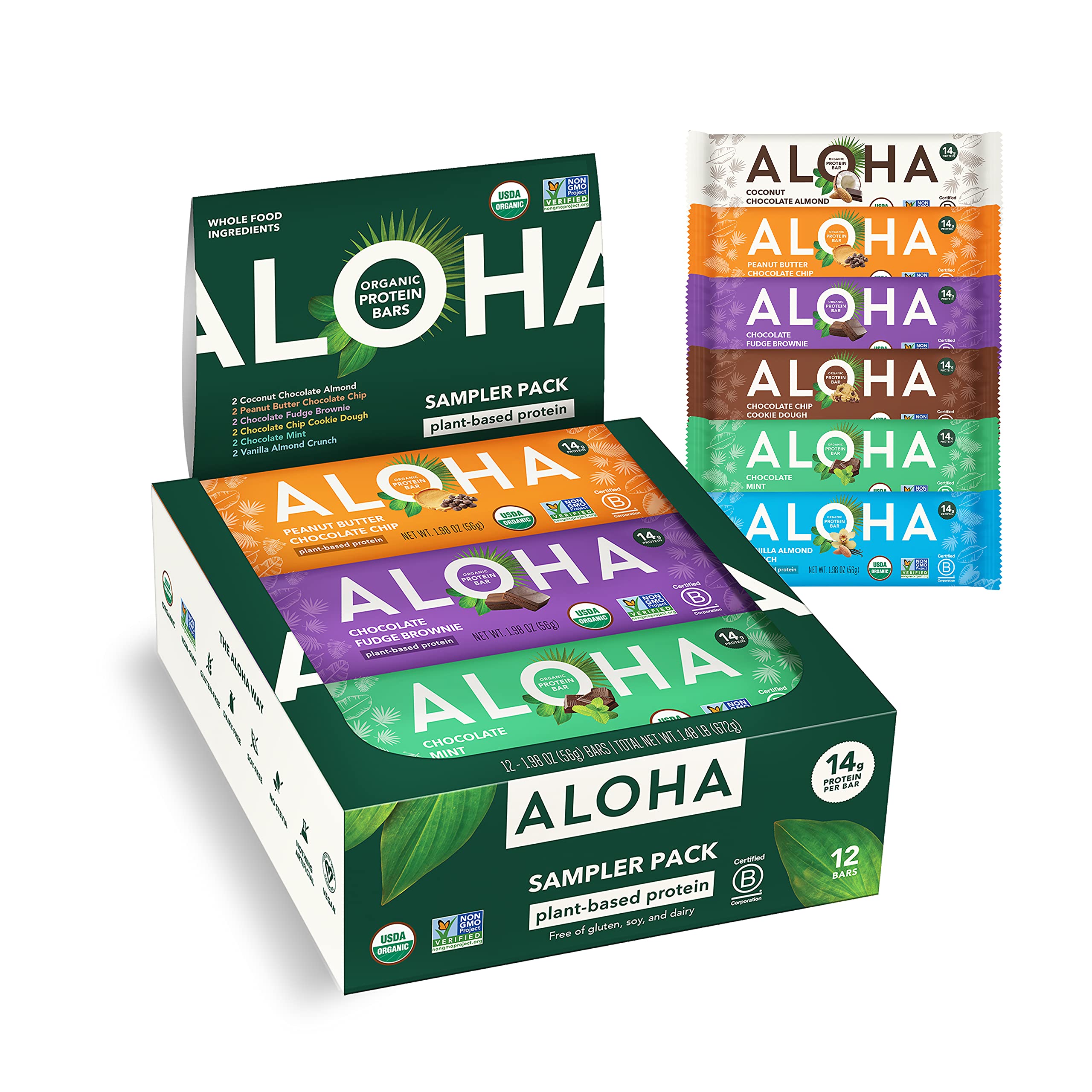 ALOHA empaque frontal del pack de 12 barras mostrando variedad y conveniencia