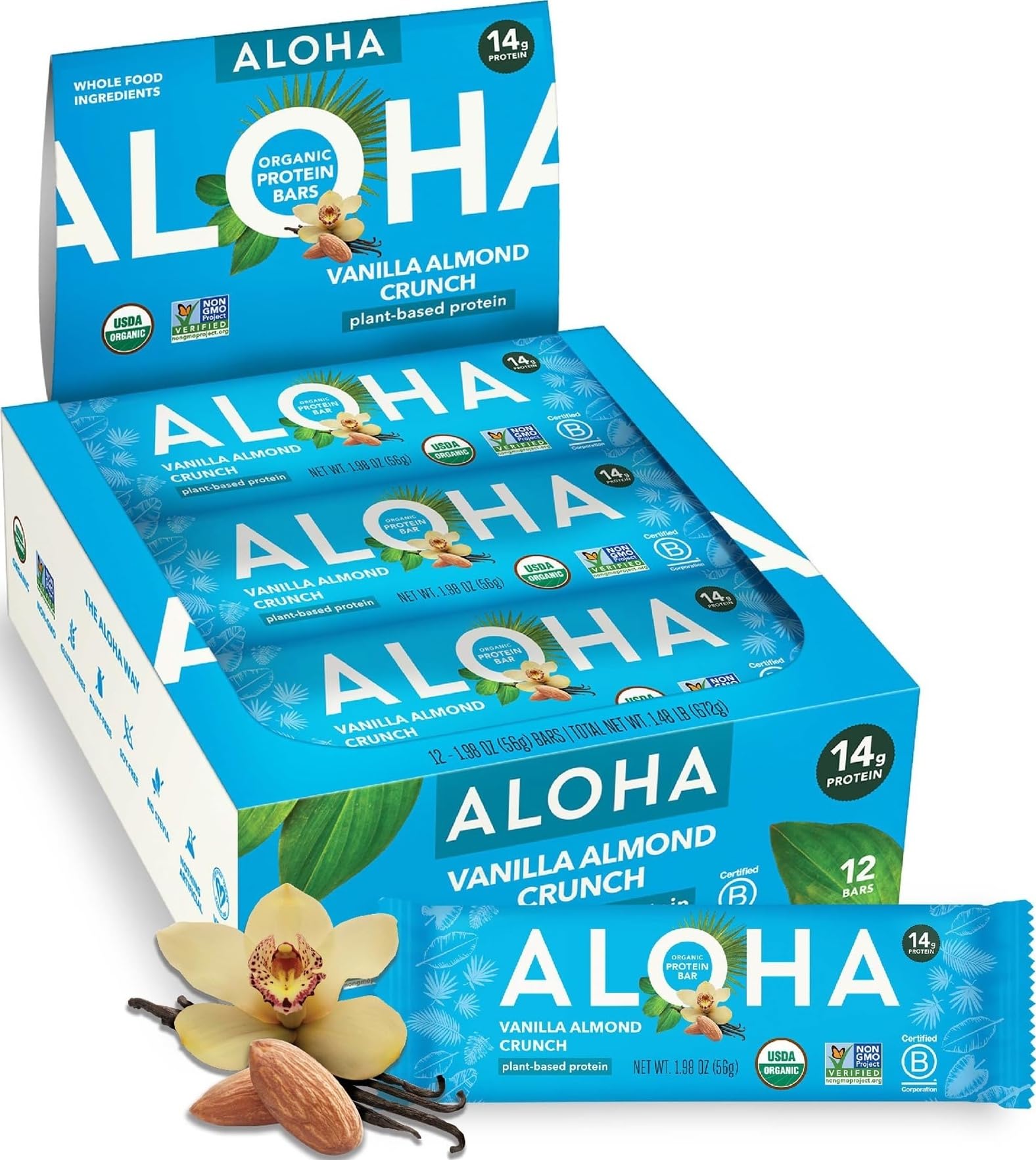 ALOHA empaque frontal Vainilla Almendra Crunch, conveniencia y proteína