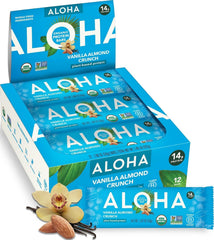 ALOHA empaque frontal Vainilla Almendra Crunch, conveniencia y proteína