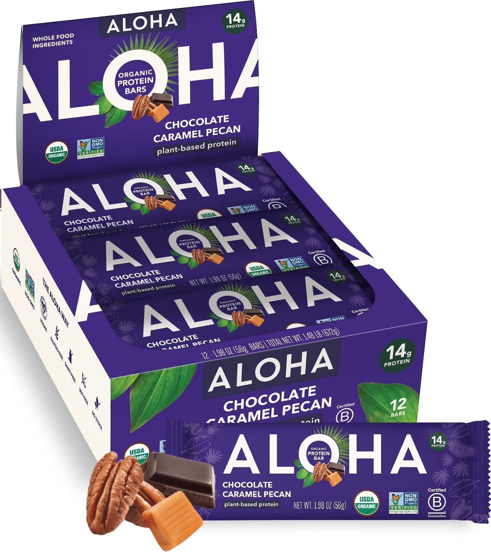 ALOHA empaque frontal mostrando sabor y certificaciones, conveniencia al instante