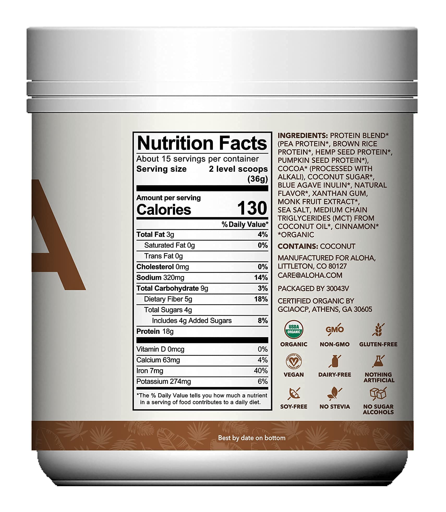 ALOHA ingredientes orgánicos cacao y azúcar de coco enfatizando naturalidad