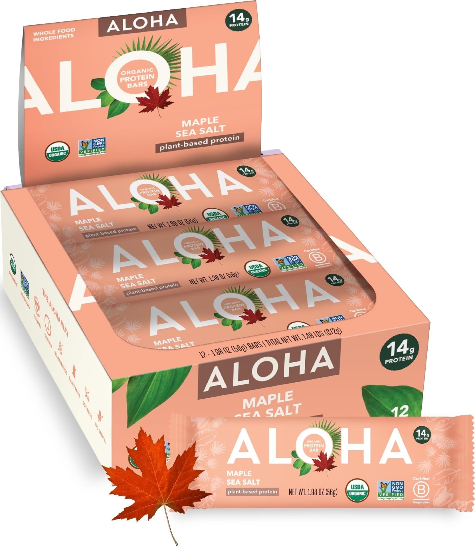 ALOHA frontal del empaque mostrando información orgánica y sabor arce-sal