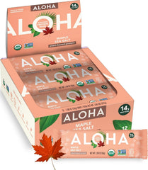 ALOHA frontal del empaque mostrando información orgánica y sabor arce-sal
