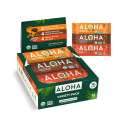 ALOHA pack frontal de 12 barras mostrando los tres sabores y beneficios energéticos