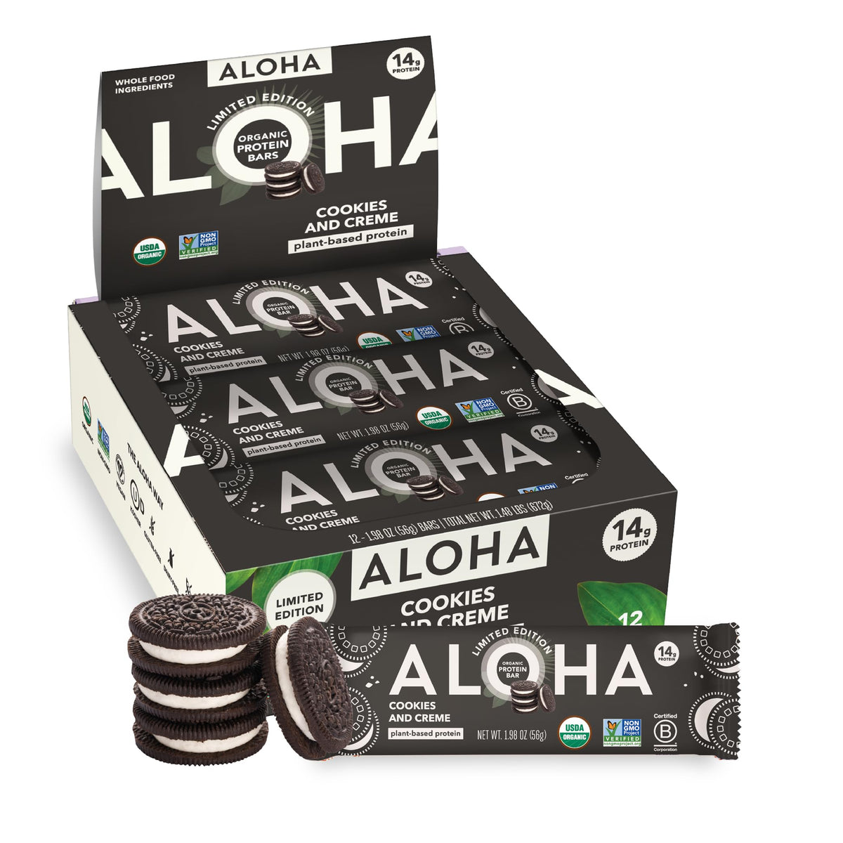 ALOHA empaque frontal Cookies and Creme mostrando caja y barra, conveniencia y sabor