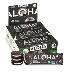 ALOHA empaque frontal Cookies and Creme mostrando caja y barra, conveniencia y sabor