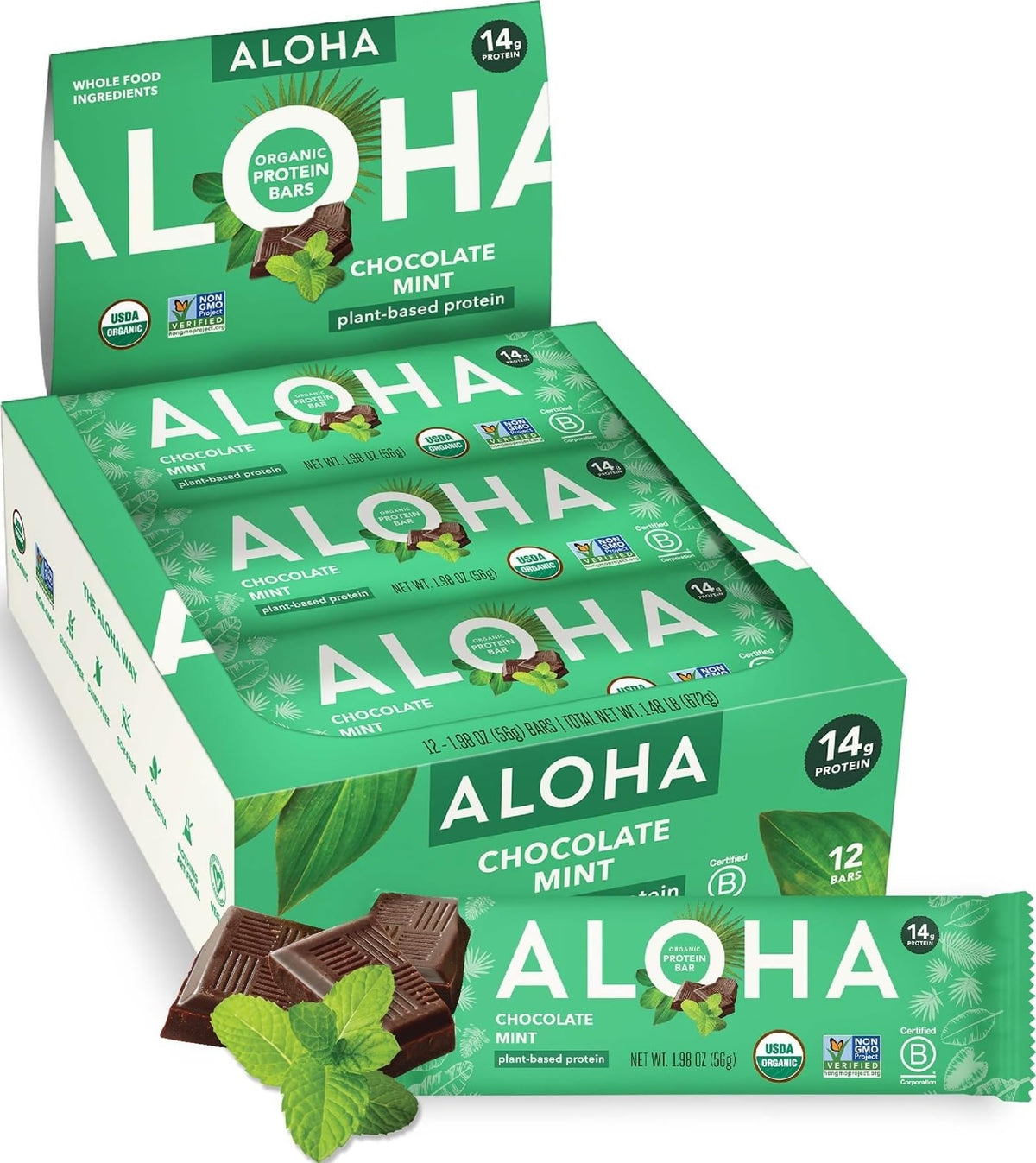 ALOHA empaque frontal mostrando pack de 12 barras y beneficio conveniencia