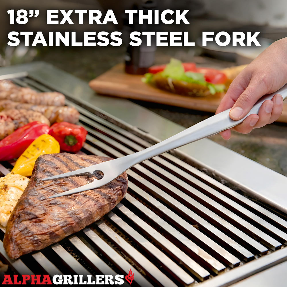 Alpha Grillers fork pointed tip image showing sharp, sturdy prongs for steadying large cuts