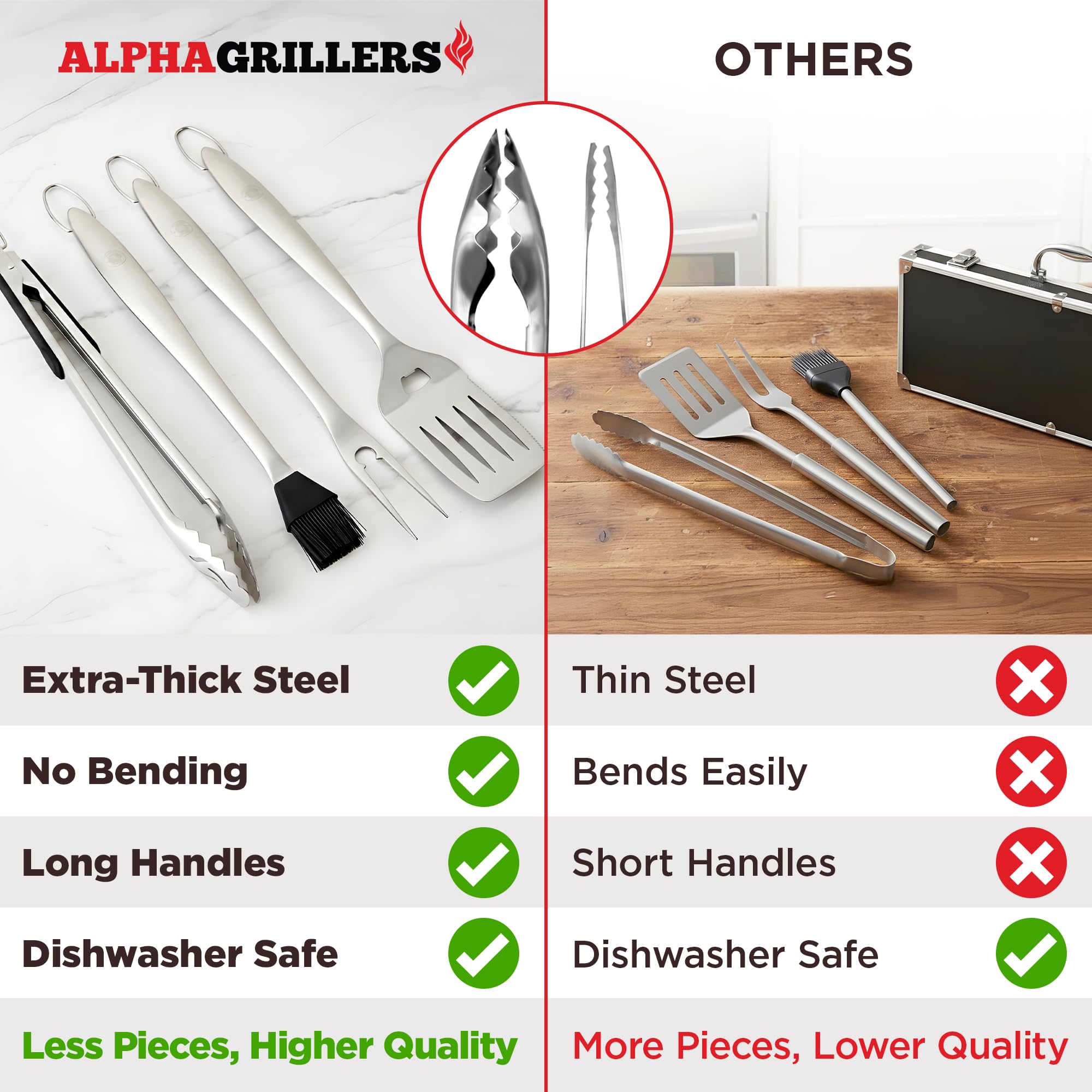 Alpha Grillers spatula close-up highlighting serrated edge and built-in bottle opener for convenience