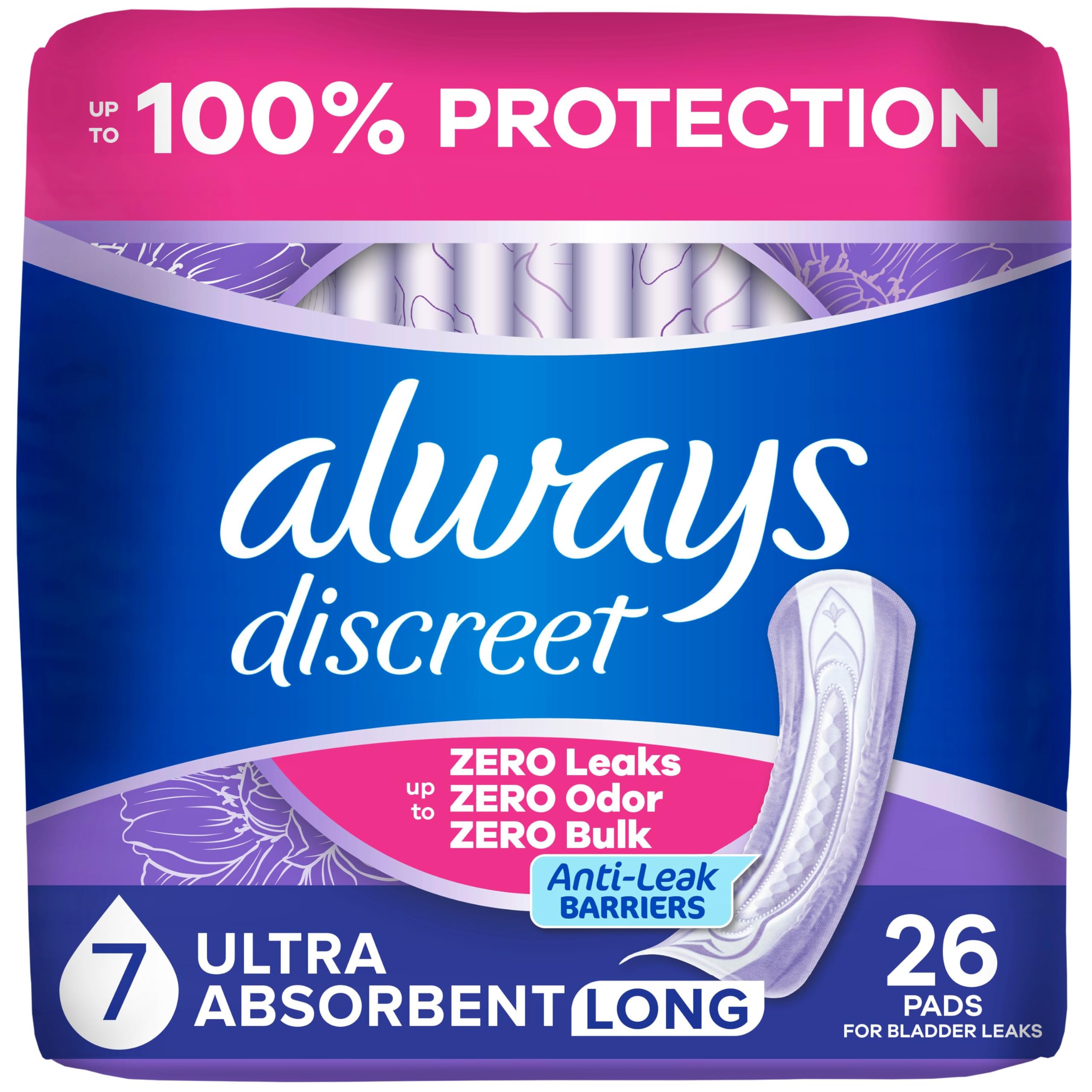 Always Discreet empaque frontal mostrando paquete y beneficios visibles