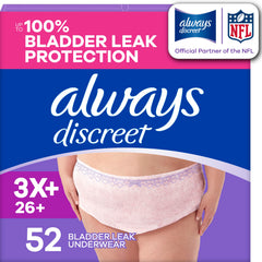 Always Discreet embalaje frontal mostrando 52 unidades y comodidad