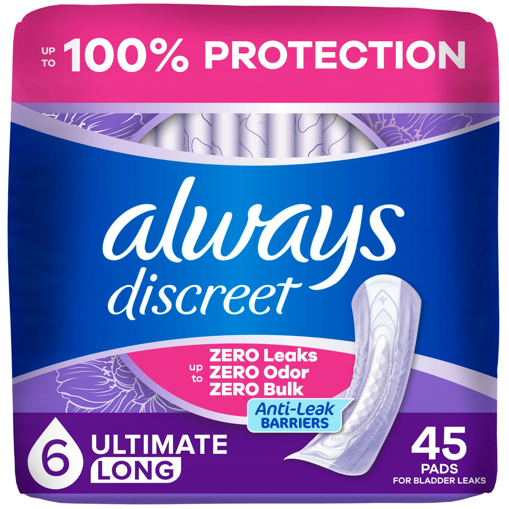 Always Discreet empaque frontal mostrando 45 unidades y protección confiable