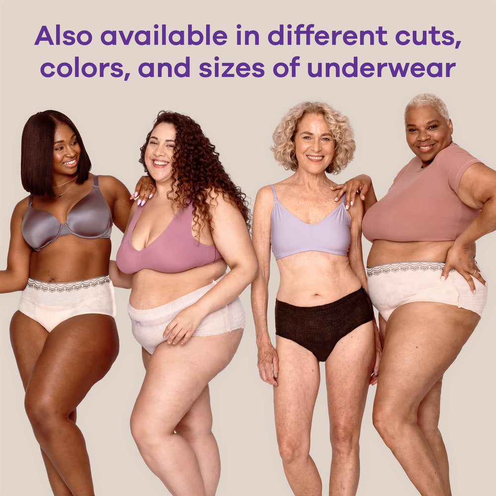 Always Discreet etiqueta con tallas y materiales para guía de ajuste