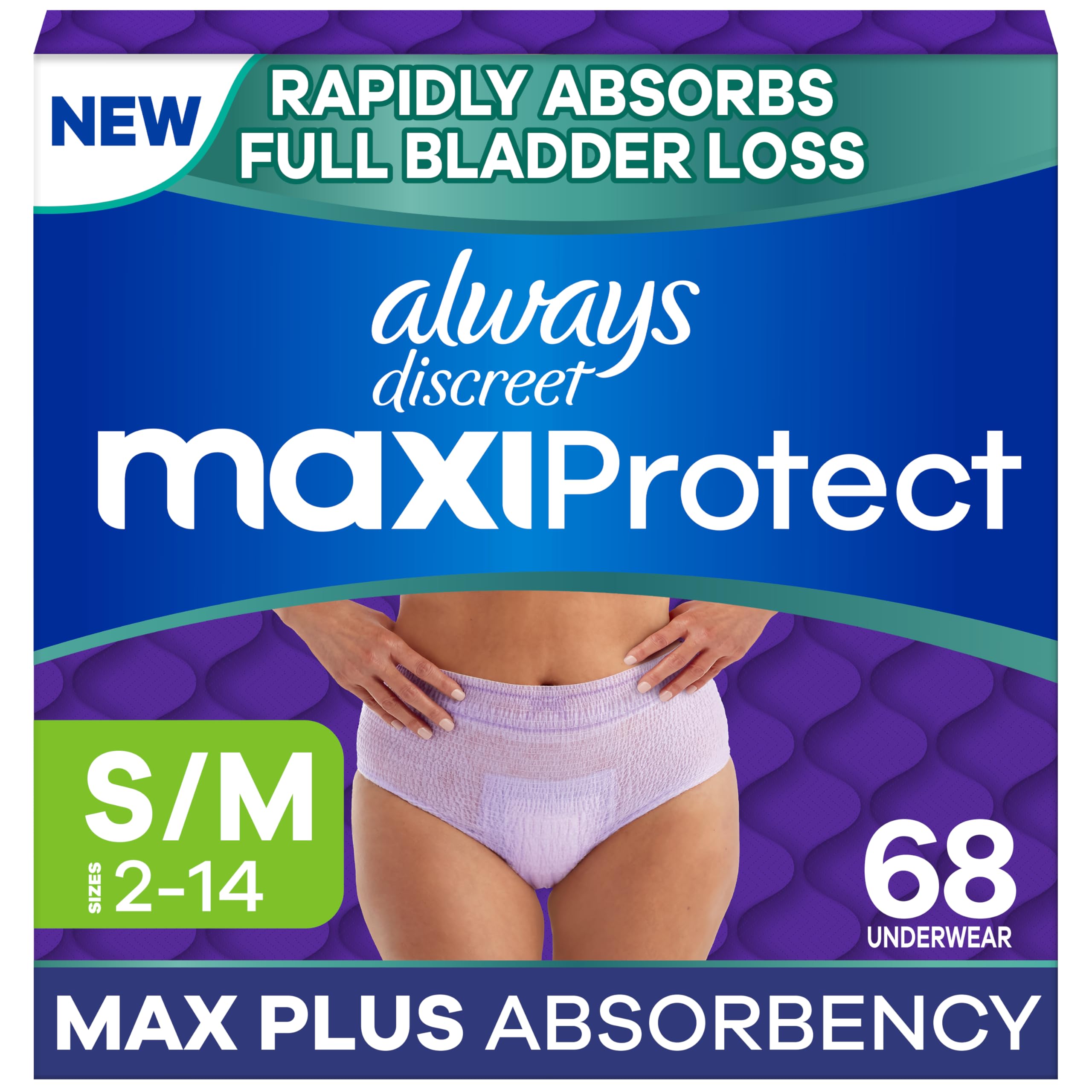 Always Discreet frente del empaque mostrando 68 unidades y confianza