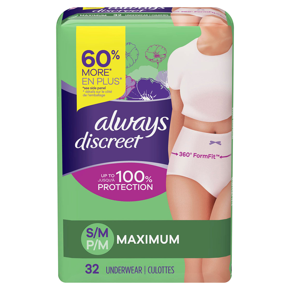 Always Discreet frente del empaque mostrando cantidad y talla