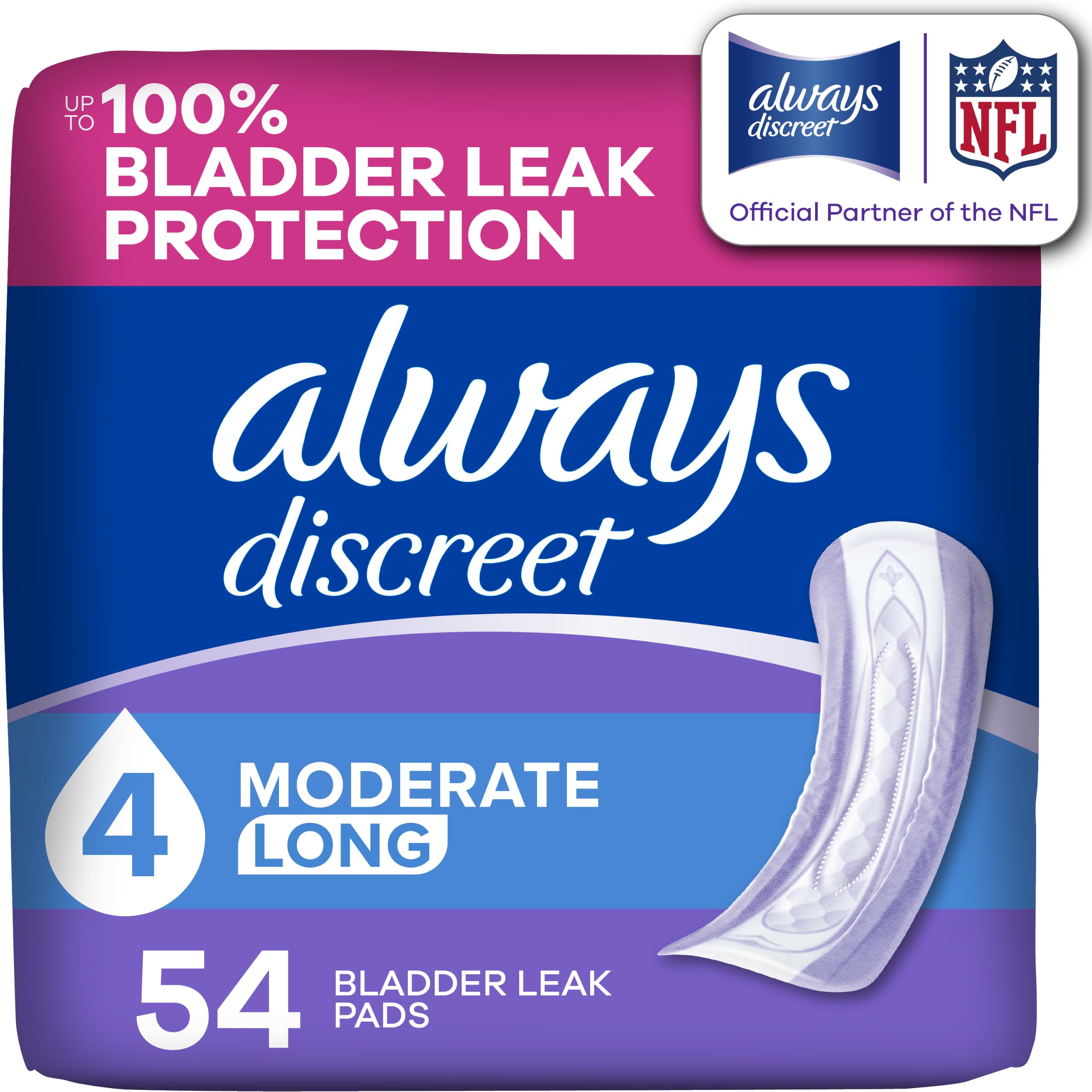 Always Discreet empaque frontal mostrando unidad y longitud larga
