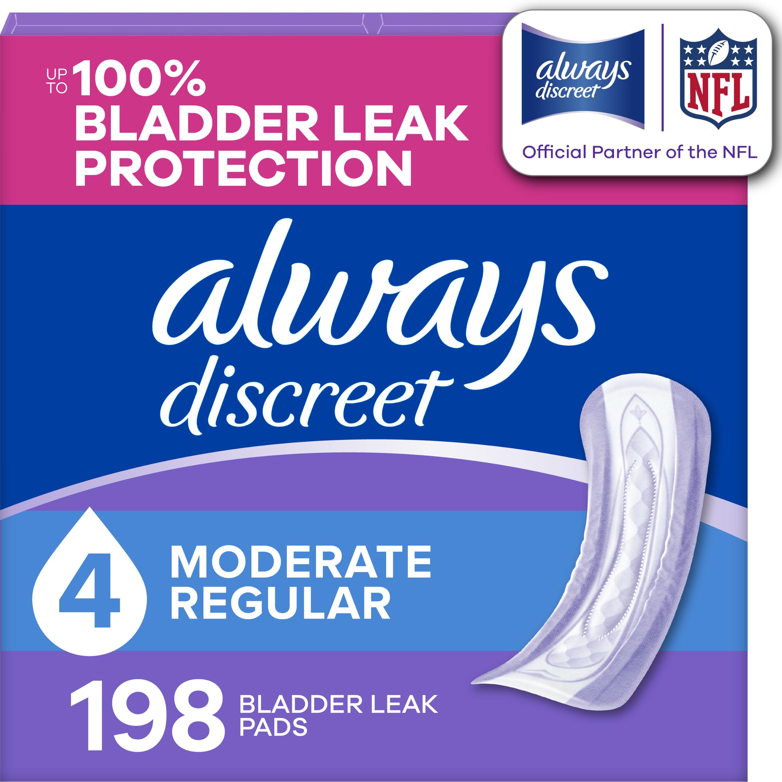 Always Discreet empaque frontal mostrando cantidad y formato, comodidad visible