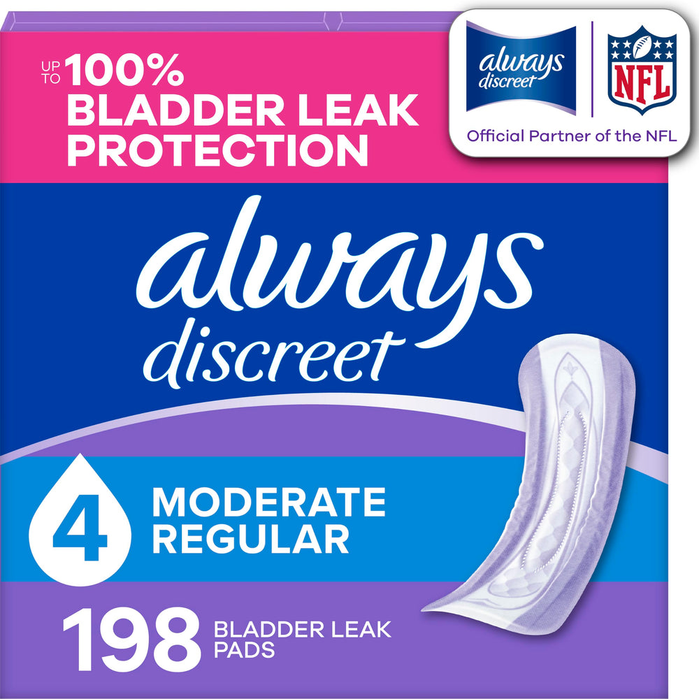 Always Discreet empaque frontal mostrando cantidad y formato, comodidad visible