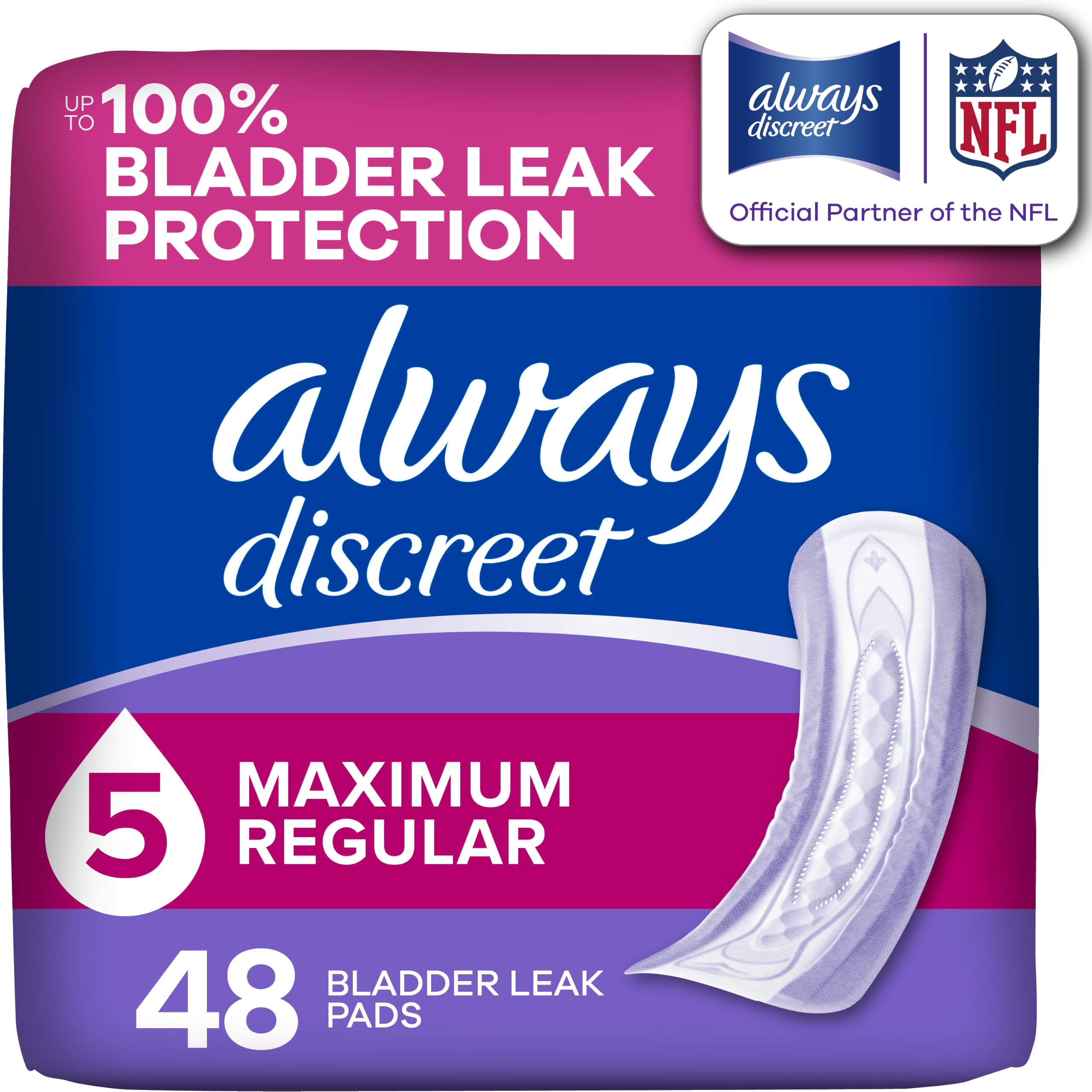 Always Discreet empaque frontal mostrando 48 unidades y portabilidad
