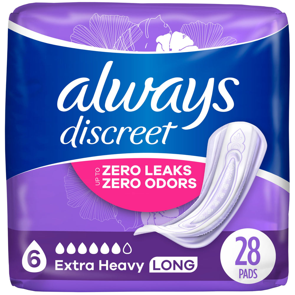 Always Discreet empaque frontal mostrando protección discreta y conteo